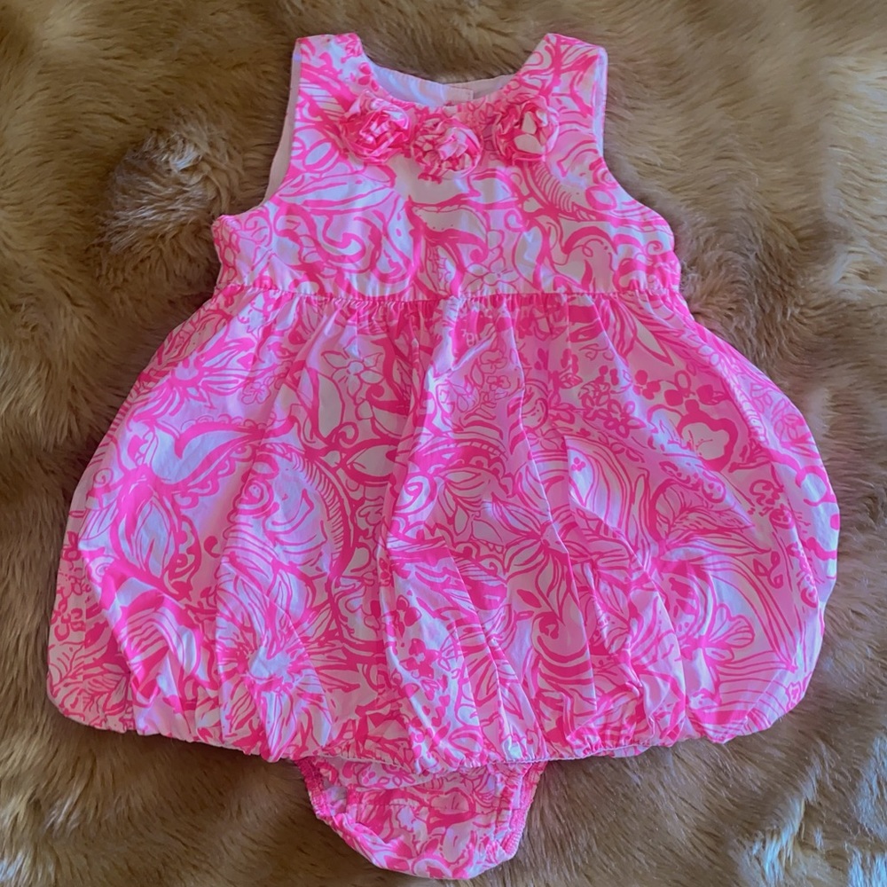 Lilly Pulitzer Baby Britta Bubble Dress in Pink Tropics Bunny Hop, Sz 12-18 Mo